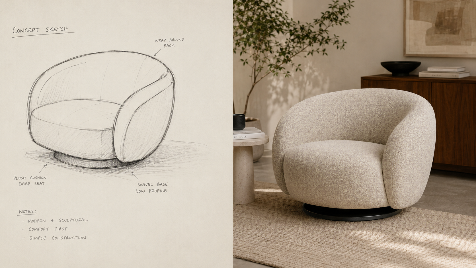 Concept sketch of a lounge chair beside the finished upholstered product in a styled room