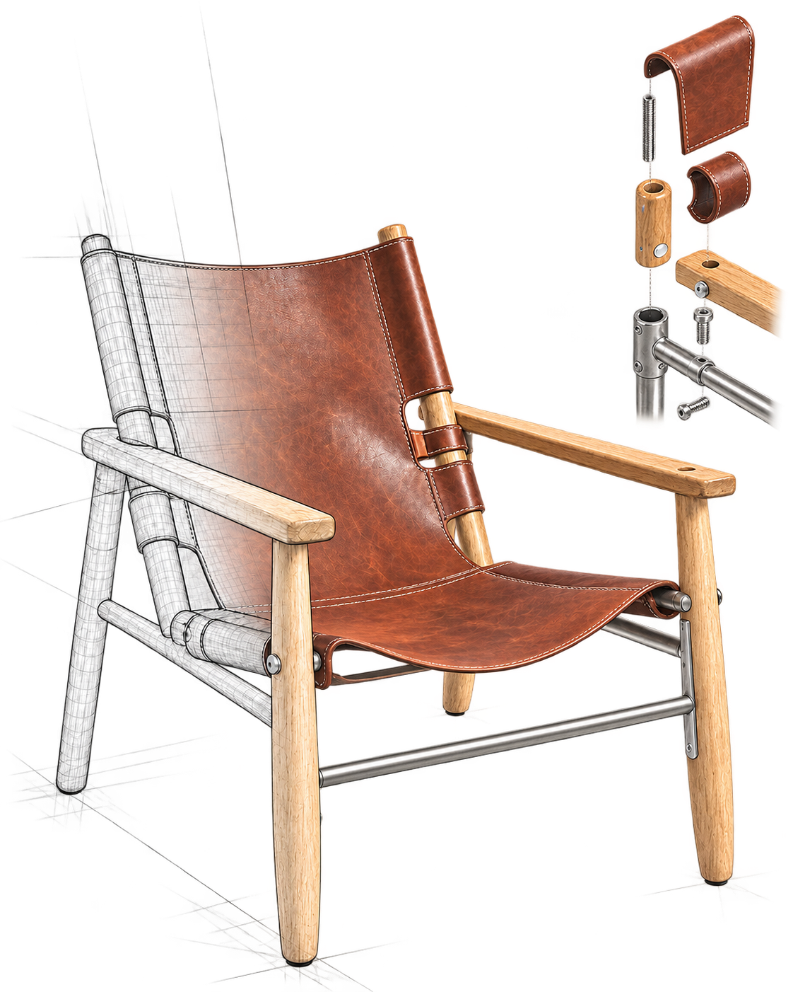 Leather and wood chair concept combining finished product, CAD sketch, and exploded construction detail