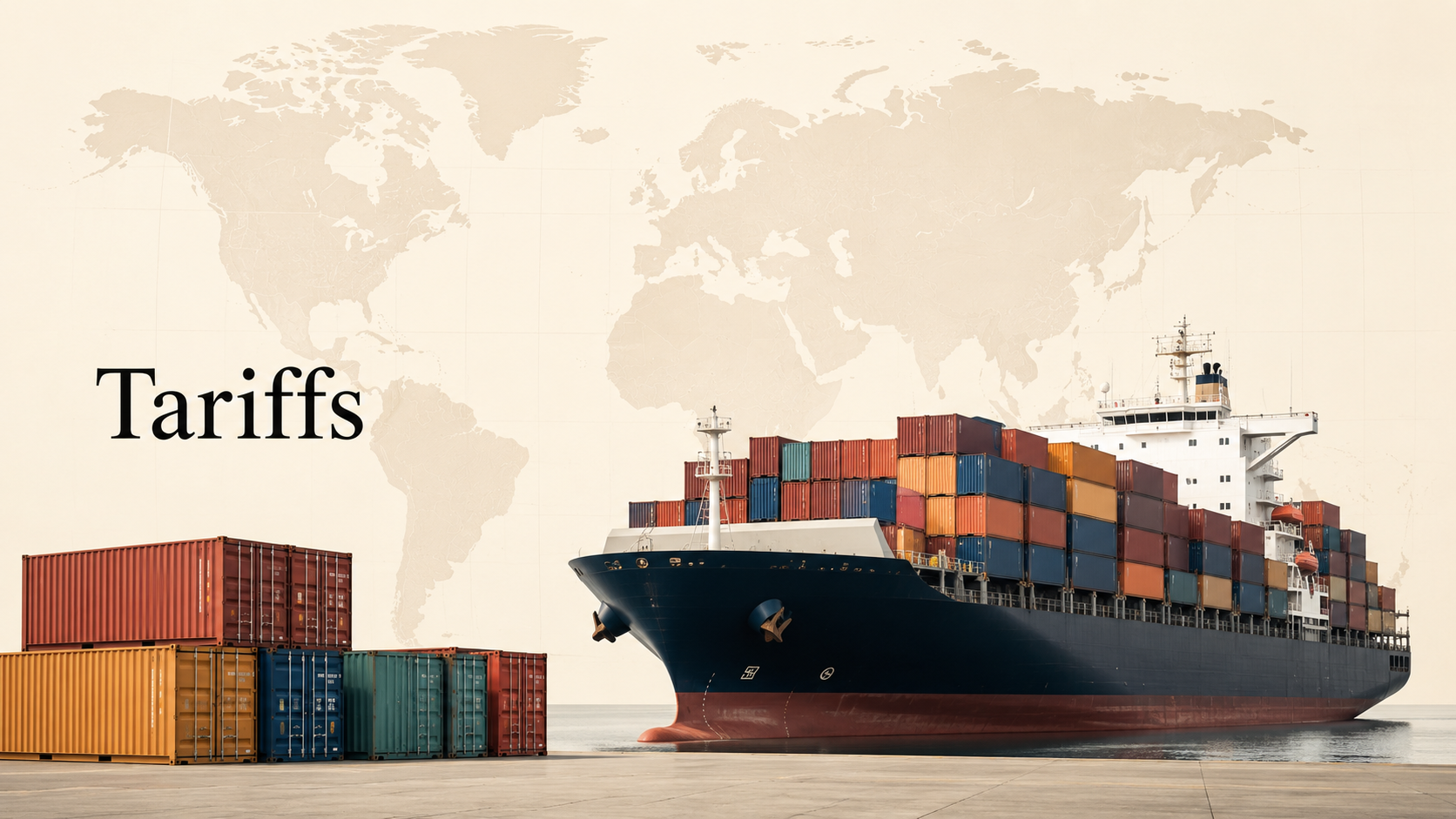 Container ship and stacked shipping containers in front of a world map